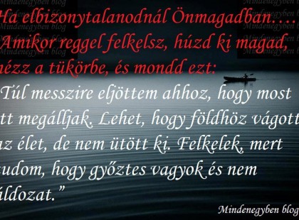 Ha elbizonytalanodtál önmagadban... reggel mikor felkelsz húzd ki magad, nézz a tükörbe és mondd:Túl messzire eljöttem ahhoz,hogy most itt megálljak. Lehet,hogy földhöz vágott az élet,de nem ütött ki. Felkelek,mert tudom hogy győztes vagyok,nem áldozat