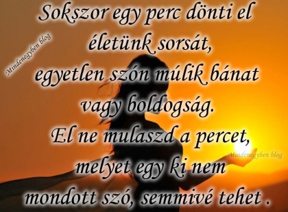 Sokszor egy perc dönti el életünk sorsát, egyetlen szón múlik bánat vagy boldogság. El ne mulaszd a percet, melyet egy ki nem mondott szó, semmivé tehet .