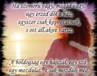 Ha szomorú vagy, magad vagy, úgy érzed dől a ház, egyszer csak kopogtatnak, s ott áll,akire vársz. A boldogság egy hajszál, egy szó , egy mozdulat. .Csak mozdulj meg, csak szólj már, csak el ne hagyd magad.