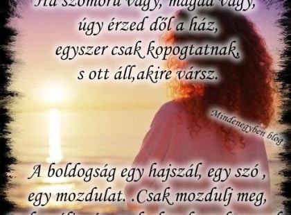 Ha szomorú vagy, magad vagy, úgy érzed dől a ház, egyszer csak kopogtatnak, s ott áll,akire vársz. A boldogság egy hajszál, egy szó , egy mozdulat. .Csak mozdulj meg, csak szólj már, csak el ne hagyd magad.