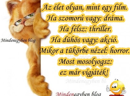 Az élet olyan, mint egy film. Ha szomorú vagy: dráma. Ha félsz: thriller. Ha dühös vagy: akció. Mikor a tükörbe nézel: horror. Most mosolyogsz: ez már vígjáték! ;).