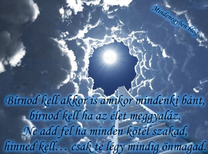 Bírnod kell akkor is amikor mindenki bánt, bírnod kell ha az élet meggyaláz. Ne add fel ha minden kötél szakad, hinned kell… csak te légy mindig önmagad.