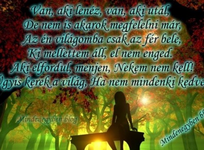 Van, aki lenéz, van, aki utál, De nem is akarok megfelelni már, Az én világomba csak az fér bele, Ki mellettem áll, el nem enged. Aki elfordul, menjen, Nekem nem kell! Úgyis kerek a világ, Ha nem mindenki kedvel!