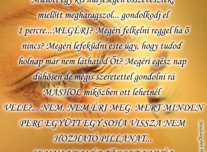 Mielőtt egy kis hülyeségen összevesztek, mielőtt megharagszol... gondolkodj el 1 percre...MEGÉRI? Megéri felkelni reggel ha ő nincs? Megéri lefeküdni este úgy, hogy tudod holnap már nem láthatod Őt? Megéri egész nap dühösen de mégis szeretettel gondolni rá MÁSHOL miközben ott lehetnél VELE?... NEM. NEM ÉRI MEG. MERT MINDEN PERC EGYÜTT EGY SOHA VISSZA NEM HOZHATÓ PILLANAT... SEMMI NEM ÉR TÖBBET ENNÉL
