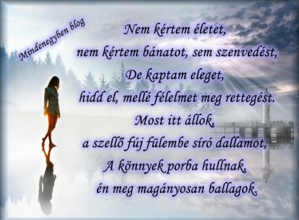 Nem kértem életet, nem kértem bánatot, sem szenvedést, De kaptam eleget, hidd el, mellé félelmet meg rettegést. Most itt állok, a szellő fúj fülembe síró dallamot, A könnyek porba hullnak, én meg magányosan ballagok.