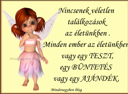 Nincsenek véletlen találkozások az életünkben .Minden ember az életünkben vagy egy TESZT,egy BÜNTETÉS vagy egy AJÁNDÉK.
