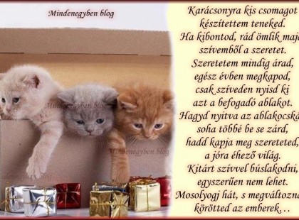 Karácsonyra kis csomagot készítettem teneked. Ha kibontod, rád ömlik majd szívemből a szeretet. Szeretetem mindig árad, egész évben megkapod, csak szíveden nyisd ki azt a befogadó ablakot. Hagyd nyitva az ablakocskát...