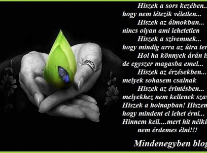 Hiszek a sors kezében...hogy nem létezik véletlen... Hiszek az álmokban...nincs olyan ami lehetetlen Hiszek a szívemnek...hogy mindig arra az útra terel Hol ha könnyek árán is, de egyszer magasba emel... Hiszek az érzésekben...melyek sohasem csalnak Hiszek az érintésben...melyekhez nem kellenek szavak Hiszek a holnapban! Hiszem, hogy mindent el lehet érni... Hinnem kell....mert hit nélkül nem érdemes élni!!!