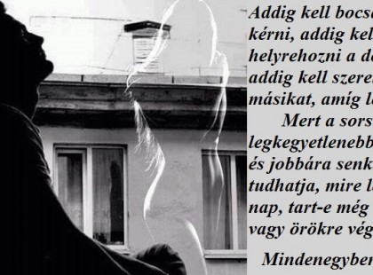 Addig kell bocsánatot kérni, addig kell helyrehozni a dolgokat, addig kell szeretni a másikat, amíg lehet. Mert a sors a legkegyetlenebb ítész, és jobbára senki nem tudhatja, mire lemegy a nap, tart-e még az élete, vagy örökre véget ér...