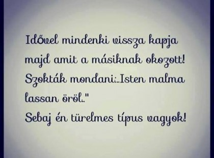 Idővel mindenki visszakapja majd, amit a másiknak okozott!!! Szokták mondani: Isten malma lassan őröl... Sebaj, Én türelmes típus vagyok!
