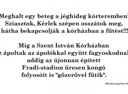 Meghalt egy beteg a jéghideg kórteremben! míg a Szent István Kórházban az ápoltak az ápolókkal együtt fagyoskodnak, addig az újonnan épített Fradi-stadion üresen kongó folyosóit is 
