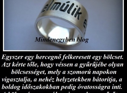 Egyszer egy hercegnő felkeresett egy bölcset. Azt kérte tőle, hogy véssen a gyűrűjébe olyan bölcsességet, mely a szomorú napokon vigasztalja, a nehéz helyzetekben bátorítja, a boldog időszakokban pedig óvatosságra inti. A bölcs pár nap múlva visszaadta a gyűrűt. Egyetlen szót vésett bele: Elmúlik!