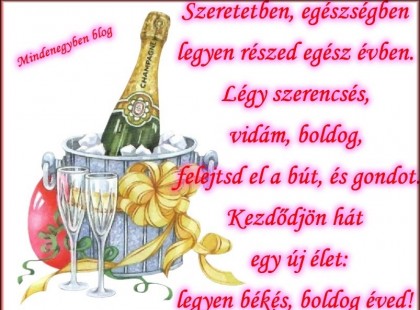 Szeretetben, egészségben legyen részed egész évben. Légy szerencsés, vidám, boldog, felejtsd el a bút, és gondot. Kezdődjön hát egy új élet: legyen békés, boldog éved!