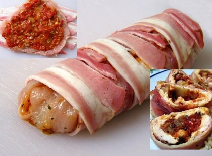 Mediterrán csirkemell baconbe göngyölve