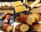 Nagyon ötletes megoldás, a kép magáért beszél. Kinyújtjuk a kenyeret, amilyen vékonyra csak tudjuk. Ráteszünk olyan szeletelt sajtot, amilyet szeretünk Kívülről bacon köntösbe tekerjük. Fogpiszkálókkal összefogatjuk. Majd szép pirosra sütjük.