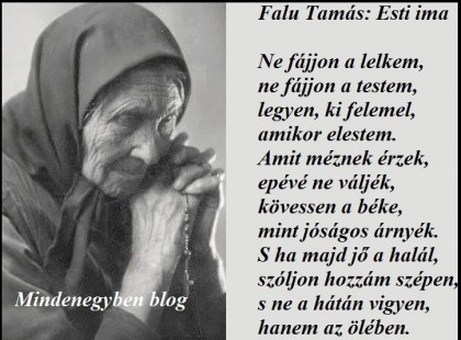 Falu Tamás: Esti ima Ne fájjon a lelkem, ne fájjon a testem, legyen, ki felemel, amikor elestem. Amit méznek érzek, epévé ne váljék, kövessen a béke, mint jóságos árnyék. S ha majd jő a halál, szóljon hozzám szépen, s ne a hátán vigyen, hanem az ölében.