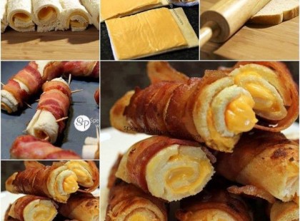 Nagyon ötletes megoldás, a kép magáért beszél. Kinyújtjuk a kenyeret, amilyen vékonyra csak tudjuk. Ráteszünk olyan szeletelt sajtot, amilyet szeretünk Kívülről bacon köntösbe tekerjük. Fogpiszkálókkal összefogatjuk. Majd szép pirosra sütjük.