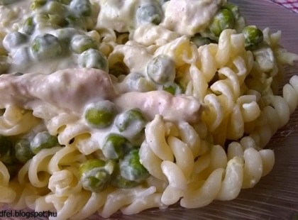 Tejszínes csirkemell póréhagymával, zöldborsóval