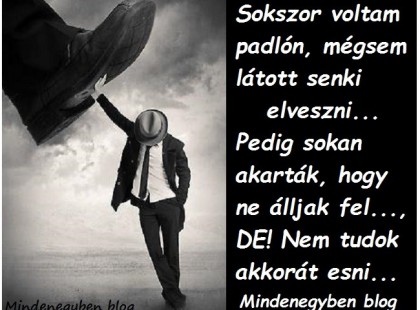 Sokszor voltam padlón, mégsem látott senki elveszni... Pedig sokan akarták, hogy ne álljak fel..., DE! Nem tudok akkorát esni...