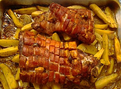 Malacoldalas vele sült hagymás burgonyával