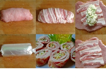 Duplán baconös karajszeletek zöld fűszeres mackósajttal töltve