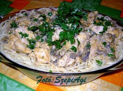 Csirkemell kockák, tejszínes – gombás - gyömbéres szószban, spagettivel