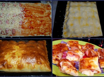 1. sütőt 200 fokra (légkeverésesre) állít 2. friss leveles tésztát sütőpapírra kiteker 3. tésztát ketchuppal/mustárral (ízlés szerint akár vastagabban) megken 4. mini virsliket fél oldalon elhelyez, reszelt sajttal szór 5. tészta másik felét ráhajt, széleket tapaszt 6. felvert tojással megken 7. sütőpapírnál fogva tepsibe emel, sütőben 8-10 percig süt (sütőfüggő, figyelendő!) 8. pici hűlés után kockáz, majd megesz!