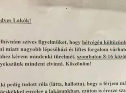 Megdöbbentő cetli fogadott ma a lépcsőházban. Örkény sem írt volna jobbat…
