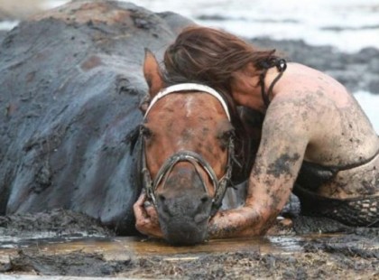 Haldokló lovával ül a sárban a nő – teljesen váratlanul segítség érkezik