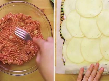 Az asztalra terített egy darab sütőpapírt, ráhalmozta a darált húst, majd a sajtot, fenséges étel lett belőle!