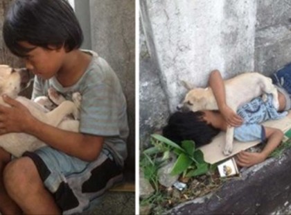 A hajléktalan fiú maga mellé fogadja a kóbor kutyát, hogy ne legyen magányos