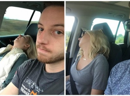 A férj lefotózza feleségét közös kalandozásaik során az autóban – a képek magukért beszélnek