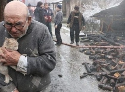 A hét fényképe: az öregúr átöleli a macskáját, az egyetlent, ami a leégett háza után megmaradt