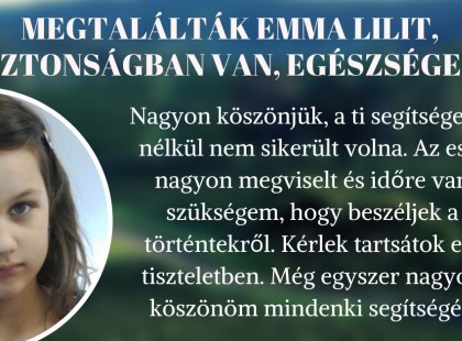 A keresett kislányt megtalálták, biztonságban van és egészséges!