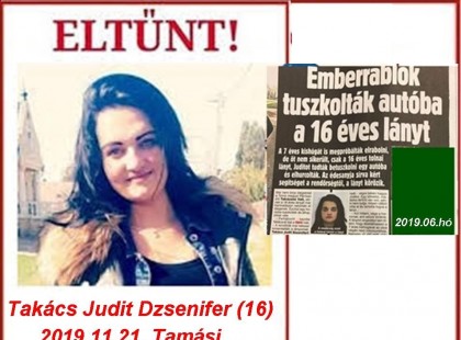 Ismét eltűnt Takács Judit Dzsenifer 16 éves Pári-i lány. Otthonából reggel elvitte testvérét az iskolába, onnan nem ért haza. Utolsó ismert tartózkodási helye Tamási. Mint ismeretes, ő volt az a kislány, akit tavaly betuszkoltak egy fekete autóba és sokáig nem találták. Rendőrségi bejelentés megtörtént, kiadták a körözést.