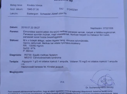 Szívinfarktussal küldte el az orvos a beteg férfit,másnap a kezében a vasárnapi ügyeleti ambuláns lapot szorongatva halt meg a rendelő előtt