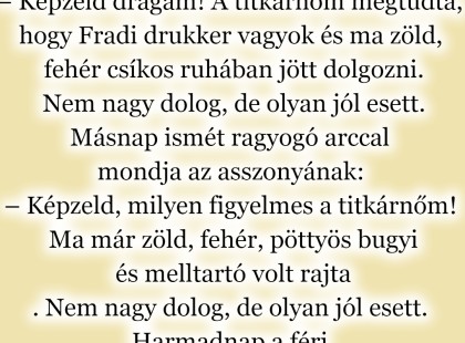 Munkából hazaérve a férj felvillanyozva újságolja a feleségnek: