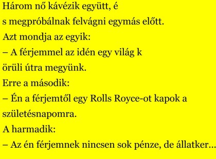 Három nő kávézik együtt, és megpróbálnak felvágni egymás előtt. Azt mondja az egyik