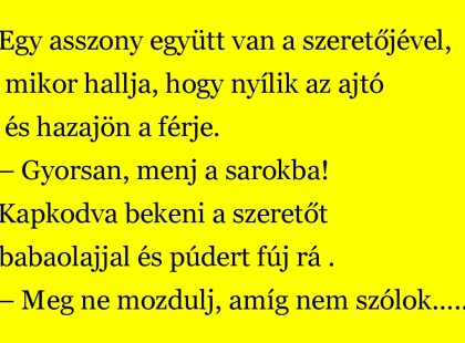 Egy asszony együtt van a szeretőjével, mikor hallja, hogy nyílik az ajtó és hazajön a férje.....