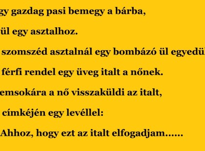 Egy gazdag pasi bemegy a bárba, leül egy asztalhoz.