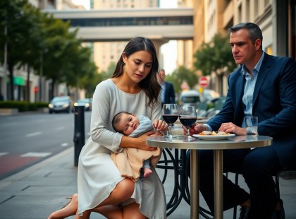 A nő letérdelt az asztalához az étterem előtt, a babáját a karjában tartva... És ő csak nézte döbbenten ???