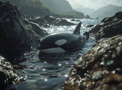 Egy fiatal kardszárnyú delfin a sziklák közé sodródott, és hosszú órákon át kétségbeesetten hívta a családját....