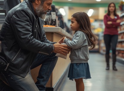 A boltban sírt a kislány, nem volt elég pénze – Egy motoros férfi odalépett, és nem csak ételt adott neki