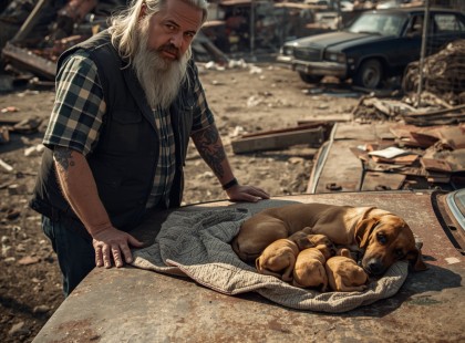 Roncstelepen talált rémült anyakutya – egy motoros döbbenetes döntése mentette meg az életüket!