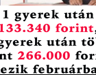1 gyerek után 133 340 forint, 2 gyerek után több mint 266 000 forint érkezik februárban – sok család pénztárcája fellélegezhet