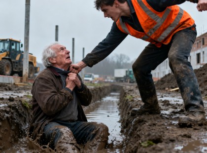 Belökte az öreg munkást a sárba – percekkel később három fekete autó állt meg, és minden megváltozott